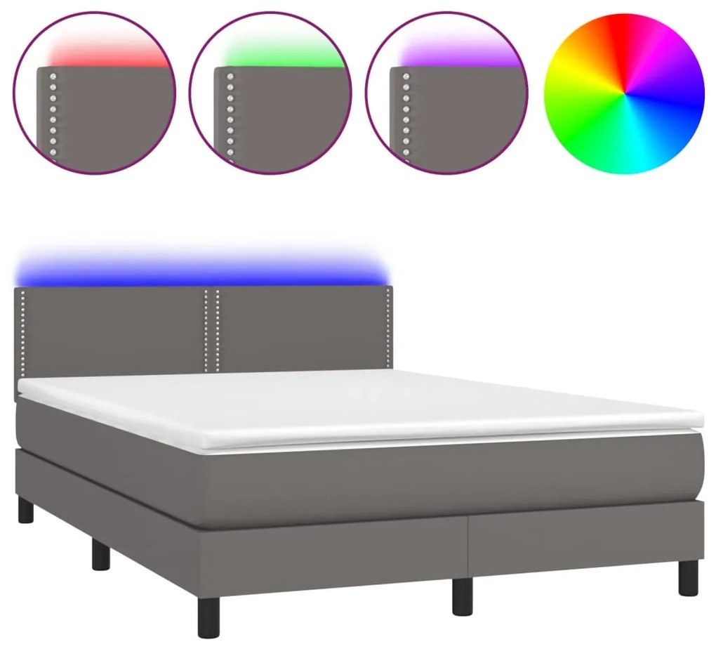 vidaXL Κρεβάτι Boxspring με Στρώμα & LED Γκρι 140x190 εκ. Συνθ. Δέρμα