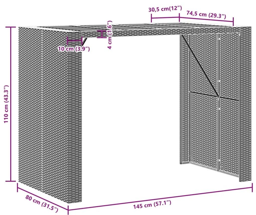 Τραπέζι Μπαρ Κήπου Επιφ. Ακακίας Γκρι 145x80x110εκ. Συνθ. Ρατάν - Γκρι