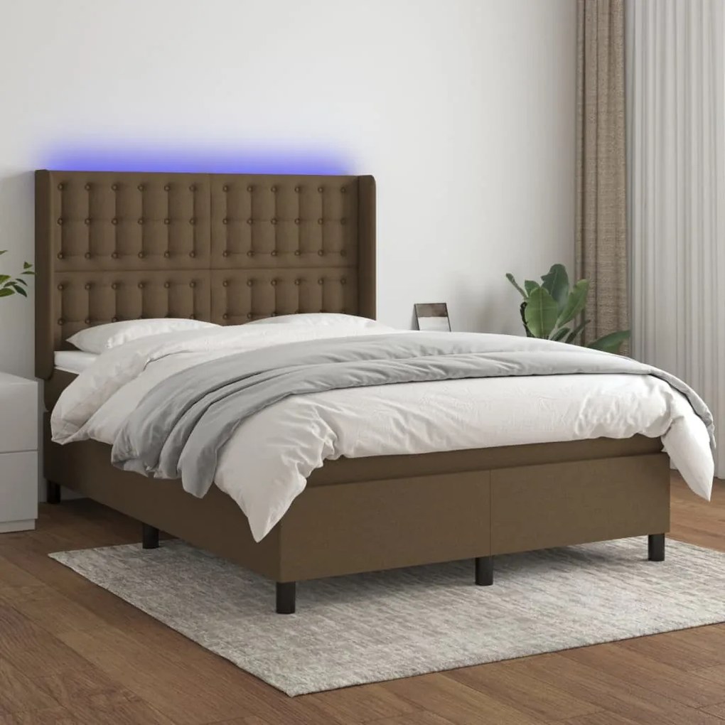 Κρεβάτι Boxspring με Στρώμα &amp; LED Σκ.Καφέ 140x200 εκ Υφασμάτινο