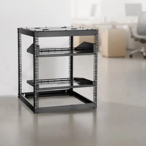 VEVOR 12U Open Frame Network Rack, 585 mm Depth, Wall Mounted or Floor Standing Server Rack, Heavy Duty 4 Post, with Vented Shelves &amp; Mounting Hardware, Holds All Your Networking IT Equipment AV Gear