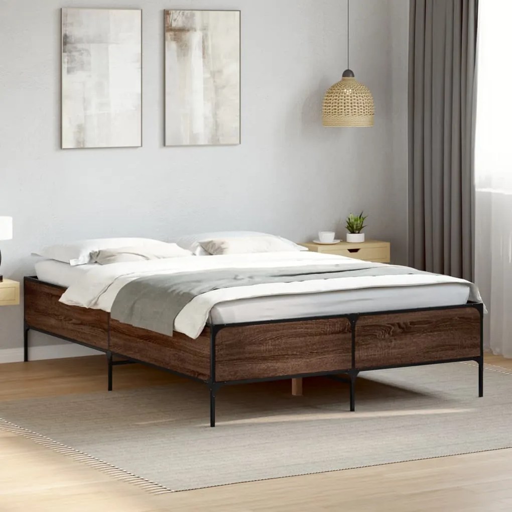 vidaXL Πλαίσιο Κρεβατιού Καφέ Δρυς 150x200 εκ. Επεξ. Ξύλο &amp; Μέταλλο