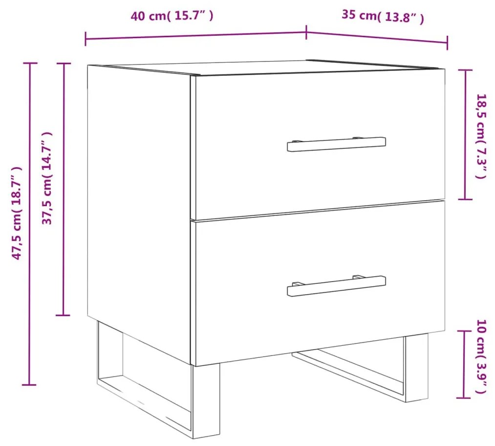 Κομοδίνα 2 τεμ. Γυαλ. Λευκό 40x35x47,5 εκ. Επεξεργασμένο Ξύλο - Λευκό