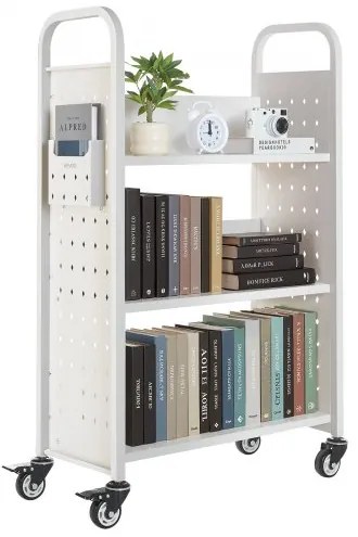 VEVOR 3-Tier Rolling Book Cart Single Sided L-Shaped Shelves Book Truck in White