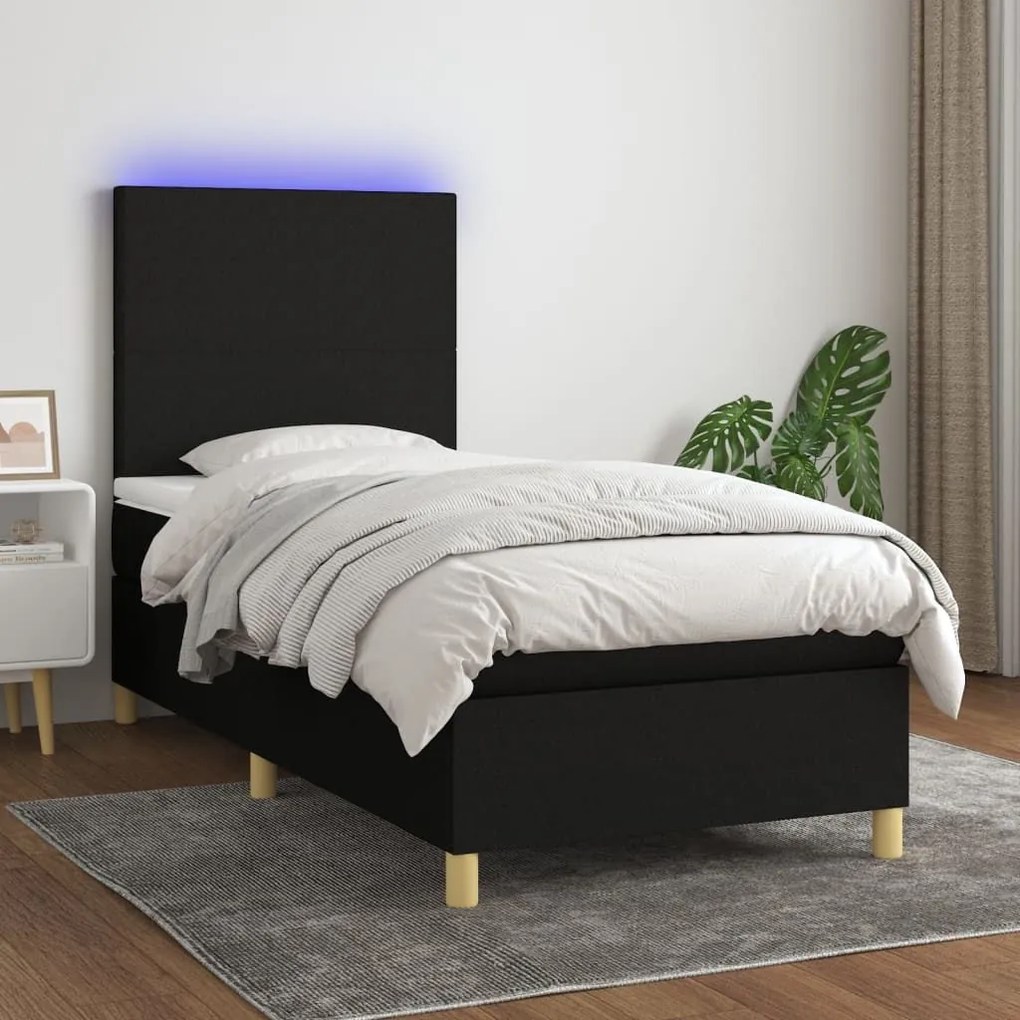 Κρεβάτι Boxspring με Στρώμα &amp; LED Μαύρο 80x200 εκ. Υφασμάτινο - Μαύρο