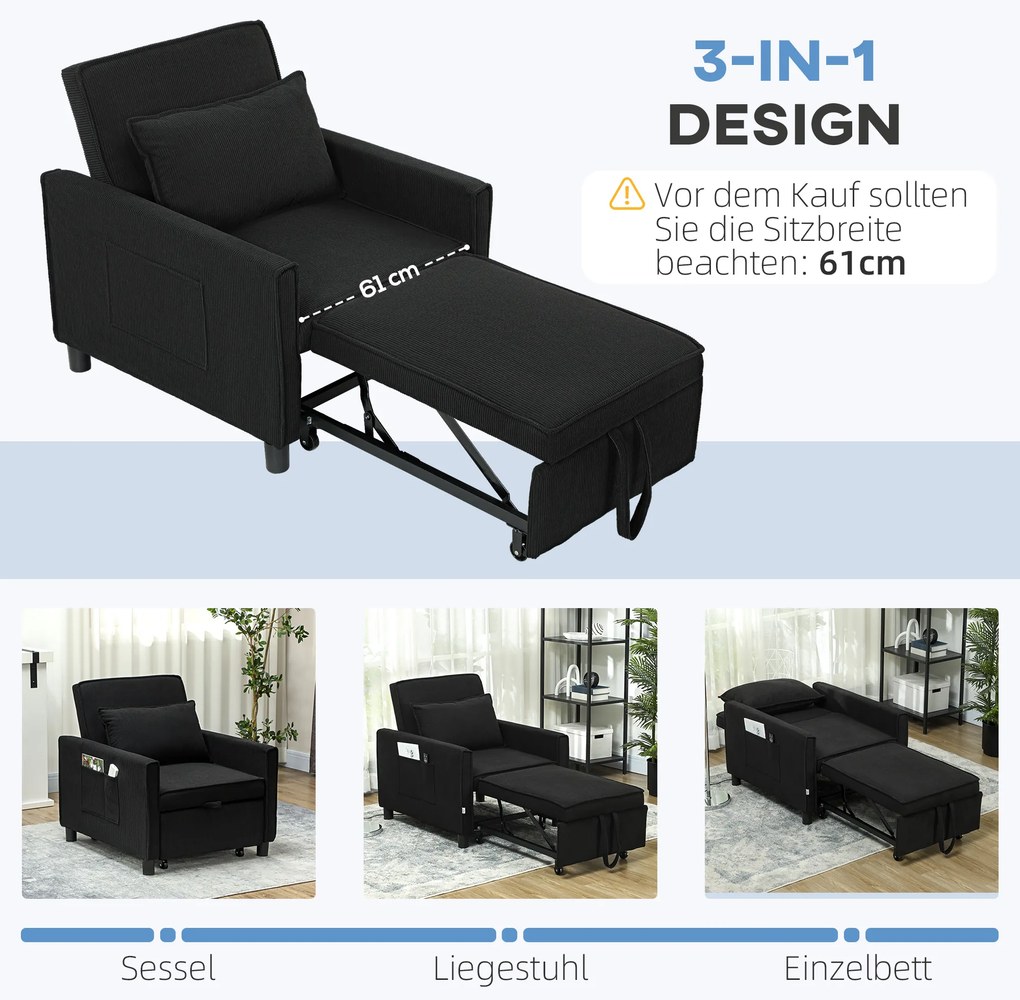 Πολυθρόνα-κρεβάτι HOMCOM, ρυθμιζόμενη, 3 θέσεις, κάλυμμα κοτλέ, έως 120 kg, μαύρο