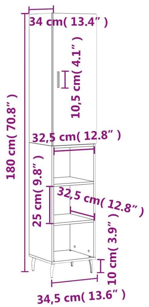 Ντουλάπι Γυαλ. Λευκό 34,5 x 34 x 180 εκ. από Επεξεργασμένο Ξύλο - Λευκό