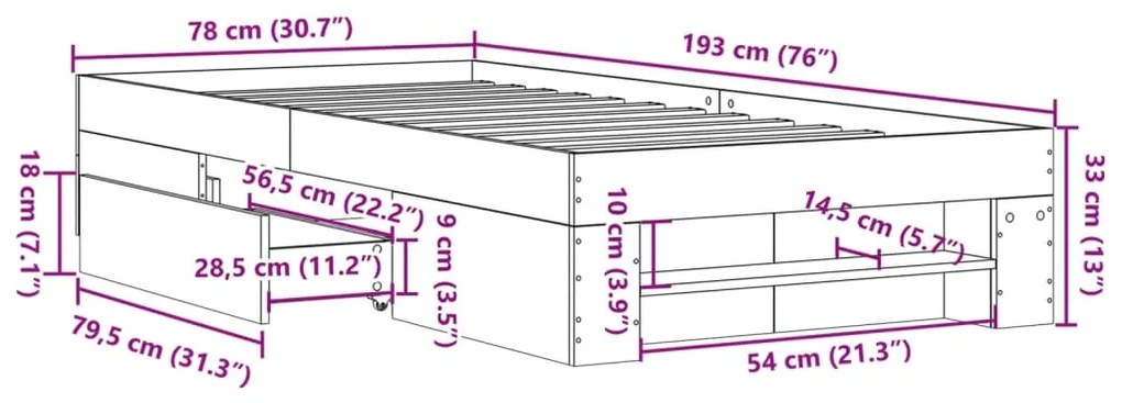 Πλαίσιο Κρεβατιού Γκρι Sonoma 75x190 εκ. Επεξεργασμένο Ξύλο - Γκρι