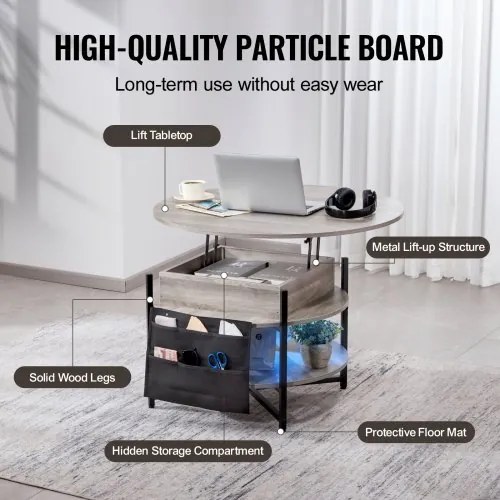 VEVOR Lift Top Coffee Table 35.3&quot; Round Coffee Table for Living Room White