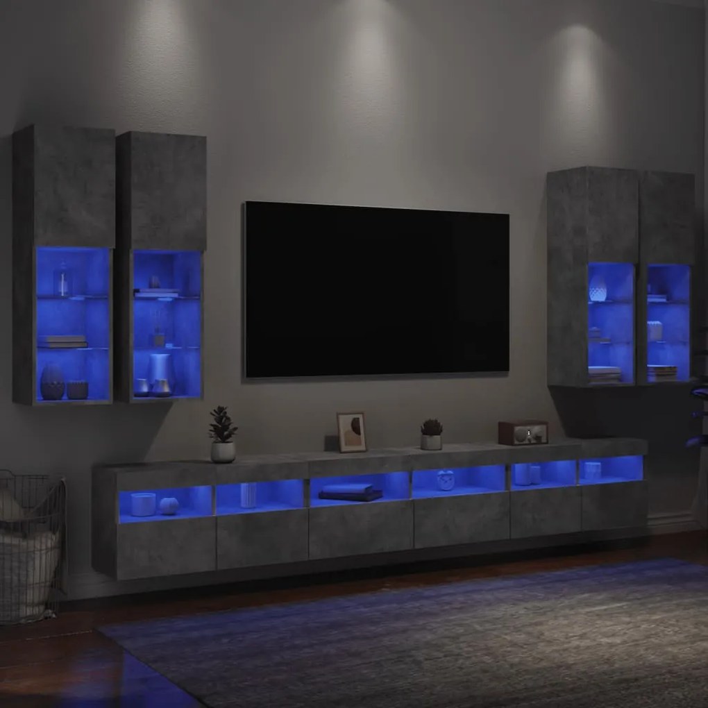 vidaXL Ντουλάπια Τηλεόρασης Τοίχου 7 τεμ. Φώτα LED Γκρι Σκυροδέματος