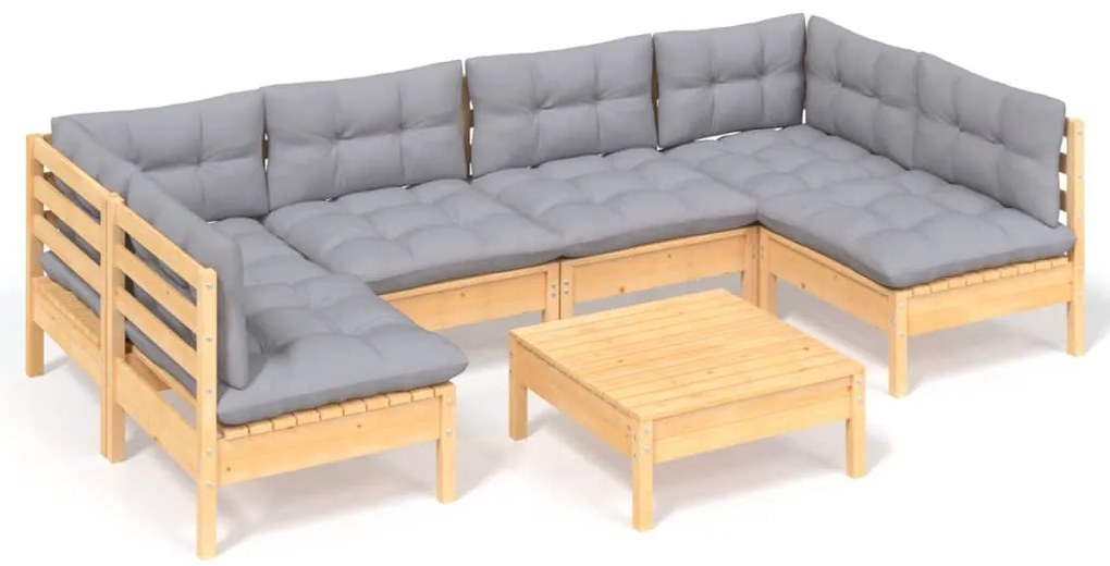vidaXL Σαλόνι Κήπου Σετ 7 Τεμαχίων Μασίφ Ξύλο Πεύκου με Γκρι Μαξιλάρια