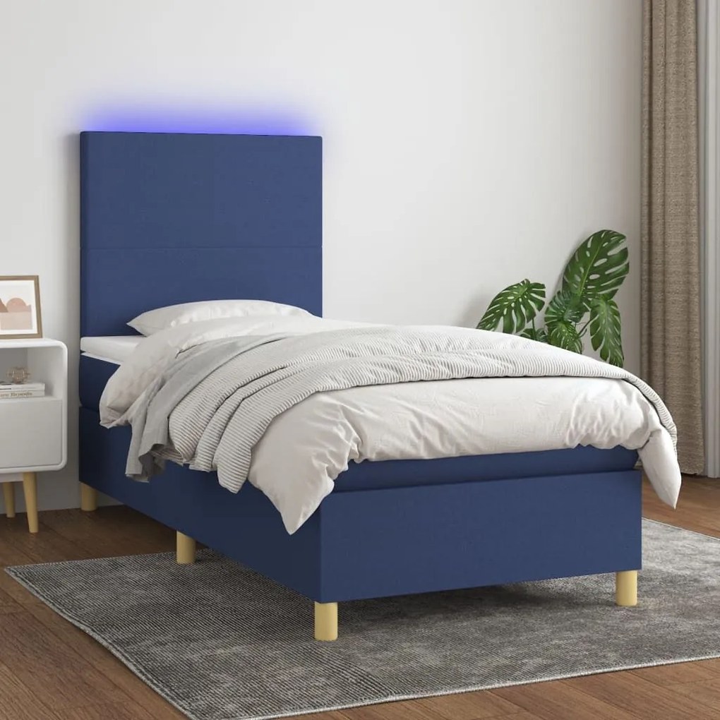 Κρεβάτι Boxspring με Στρώμα &amp; LED Μπλε 90x190 εκ. Υφασμάτινο - Μπλε