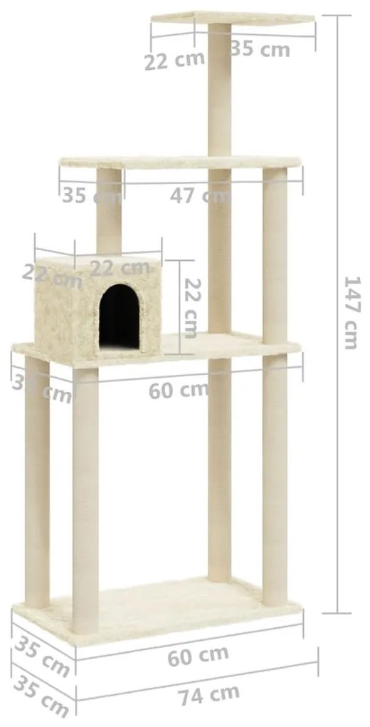 Γατόδεντρο Κρεμ 147 εκ. με Στύλους Ξυσίματος από Σιζάλ - Κρεμ
