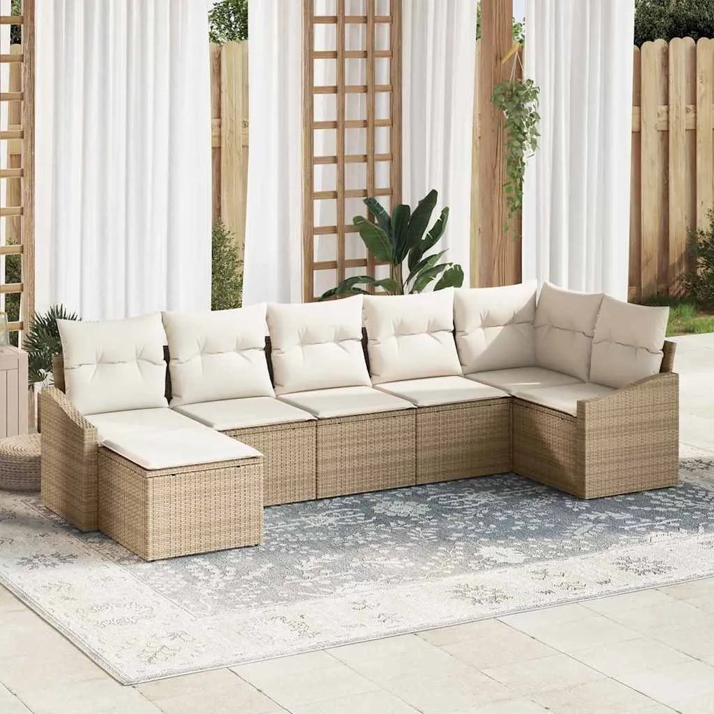vidaXL Σετ κεντρικής τραπεζαρίας 7 τεμαχίων από poly rattan με μαξιλάρια σε μπεζ χρώμα