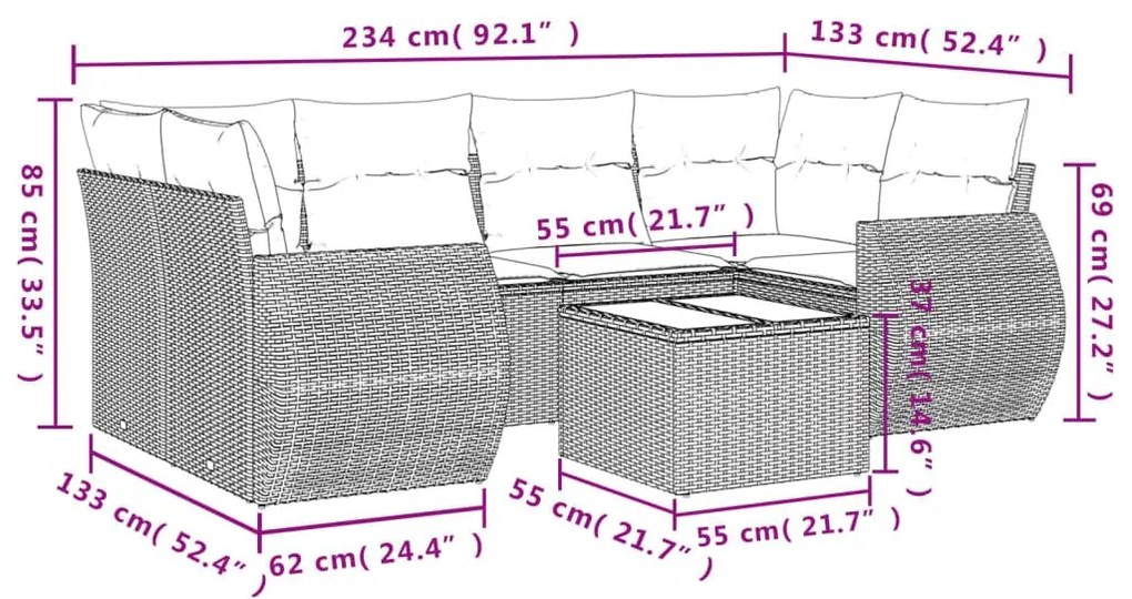 Σαλόνι Κήπου Σετ 7 Τεμαχίων Γκρι Συνθετικό Ρατάν με Μαξιλάρια - Γκρι