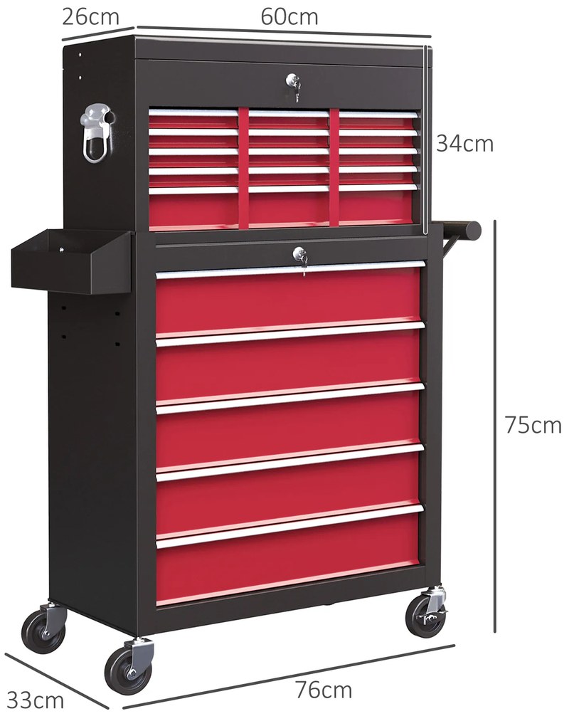 Καρότσι εργαλείων HOMCOM, δύο τεμαχίων, κλειδώνει, 14 συρτάρια, πάνελ με τρύπες, ατσάλι, κόκκινο