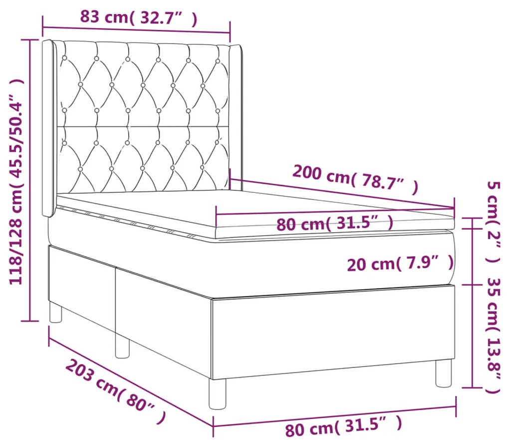 Κρεβάτι Boxspring με Στρώμα &amp; LED Σκ. Μπλε 80x200 εκ. Βελούδινο - Μπλε