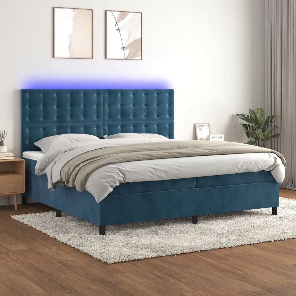 vidaXL Κρεβάτι Boxspring με Στρώμα & LED Σκ. Μπλε 200x200εκ. Βελούδινο