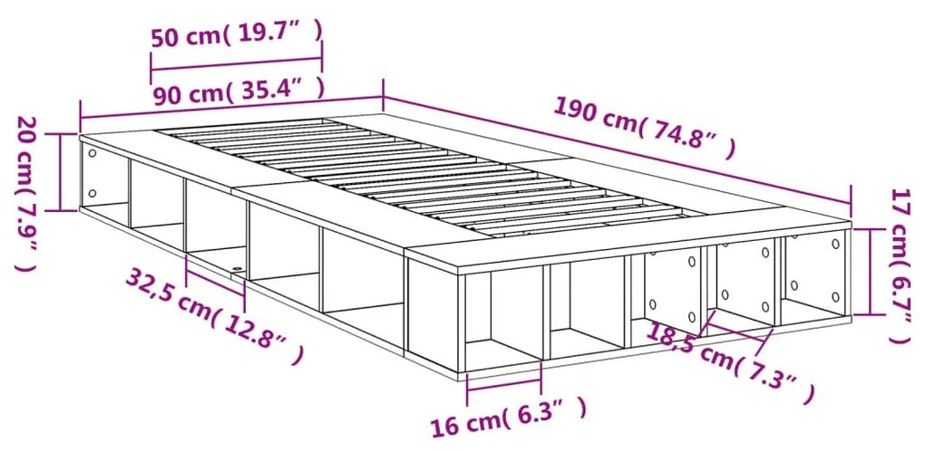 Πλαίσιο Κρεβατιού Γκρι Σκυροδέματος 90 x 190 εκ. Επεξεργ. Ξύλο - Γκρι