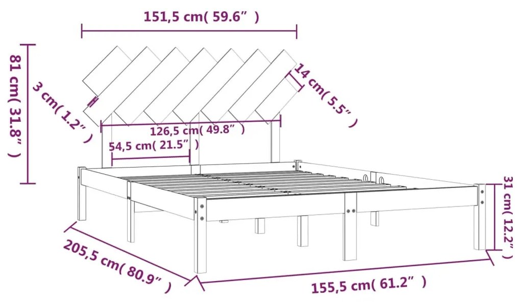 vidaXL Πλαίσιο Κρεβατιού Γκρι 150 x 200 εκ. Μασίφ Ξύλο King Size