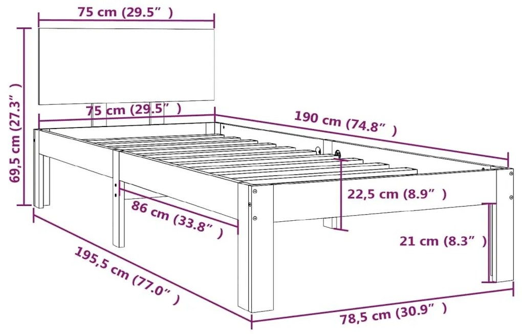 Πλαίσιο Κρεβατιού Λευκό 75x190 εκ. Μασίφ Ξύλο Small Single - Λευκό