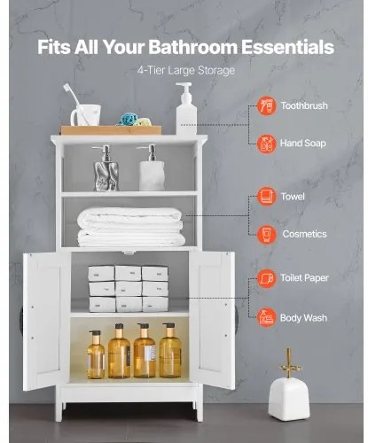 VEVOR Wooden Bathroom Floor Cabinet Storage with Adjustable Shelf 2 Doors White