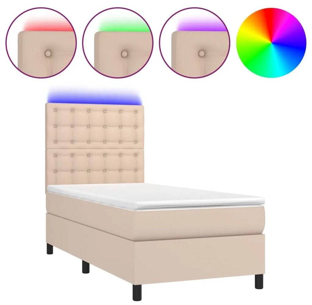 Κρεβάτι Boxspring Στρώμα&amp;LED Καπουτσίνο 100x200 εκ. Συνθ. Δέρμα - Καφέ