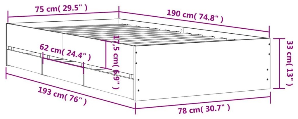 Πλαίσιο Κρεβατιού με Συρτάρια Sonoma Δρυς 75x190 εκ. Επεξ. Ξύλο - Καφέ