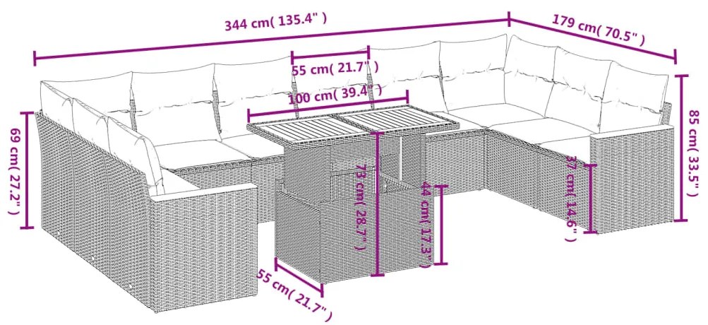 vidaXL Σαλόνι Κήπου 11 Τεμαχίων Γκρι από Συνθετικό Ρατάν με Μαξιλάρια