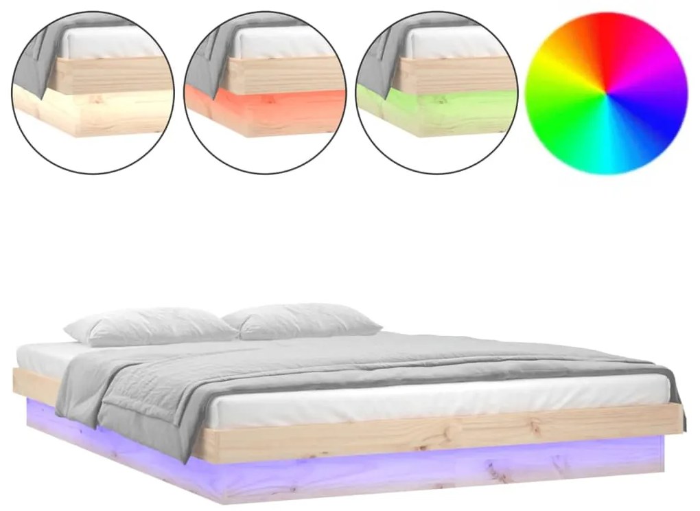 vidaXL Πλαίσιο Κρεβατιού με LED 135 x 190 εκ. Διπλό από Μασίφ Ξύλο