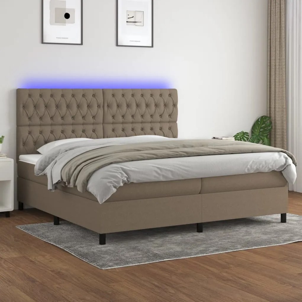 Κρεβάτι Boxspring με Στρώμα &amp; LED Taupe 200x200 εκ. Υφασμάτινο