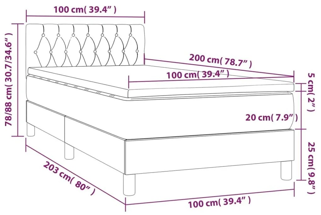 Κρεβάτι Boxspring με Στρώμα &amp; LED Taupe 100x200 εκ. Υφασμάτινο  - Μπεζ-Γκρι