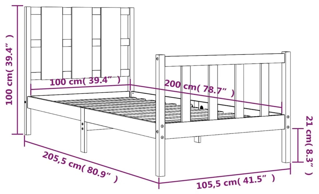 Πλαίσιο Κρεβατιού με Κεφαλάρι Μαύρο 100x200 εκ. Μασίφ Ξύλο - Μαύρο