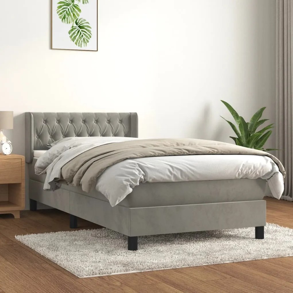 Κρεβάτι Boxspring με Στρώμα Ανοιχτό Γκρι 90x200 εκ. Βελούδινο