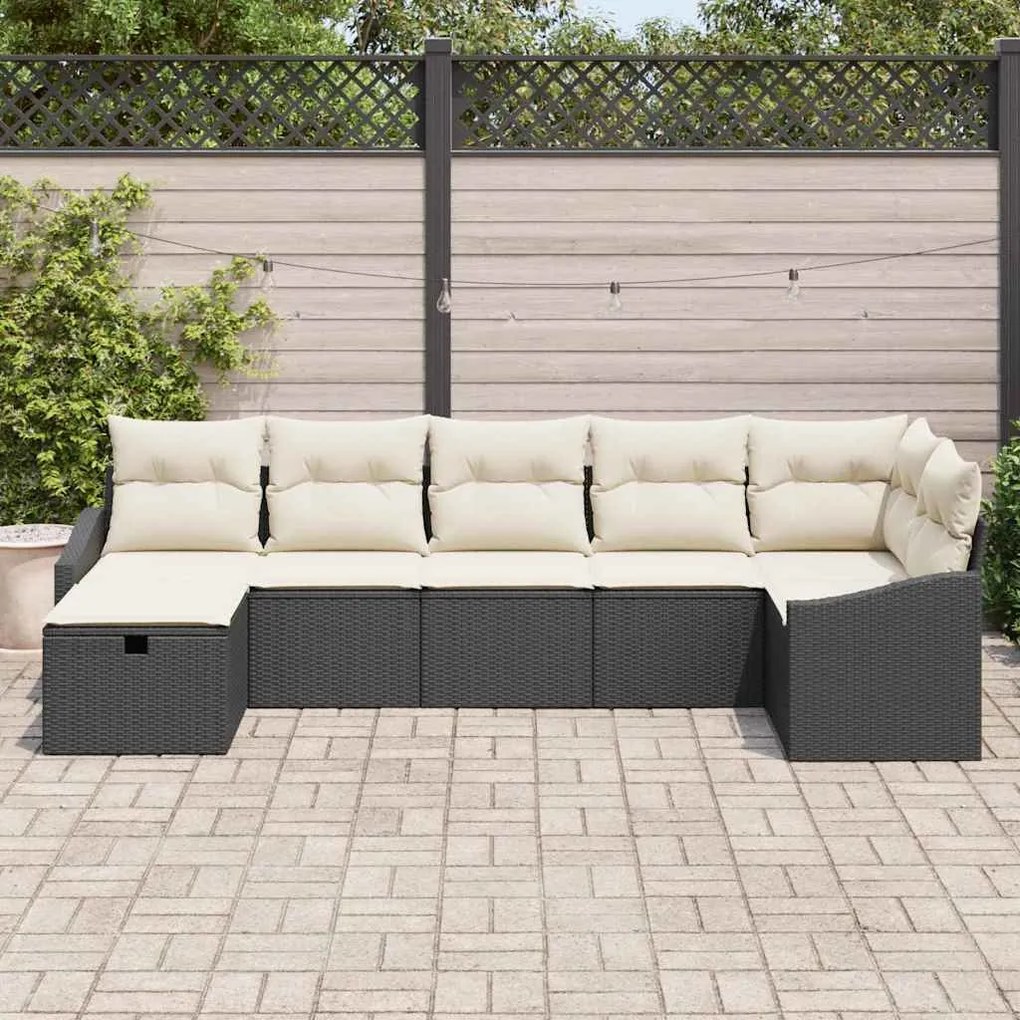 vidaXL Set καναπέ κήπου  7 θέσεων με μαξιλάρια, μαύρο πολυ rattan.