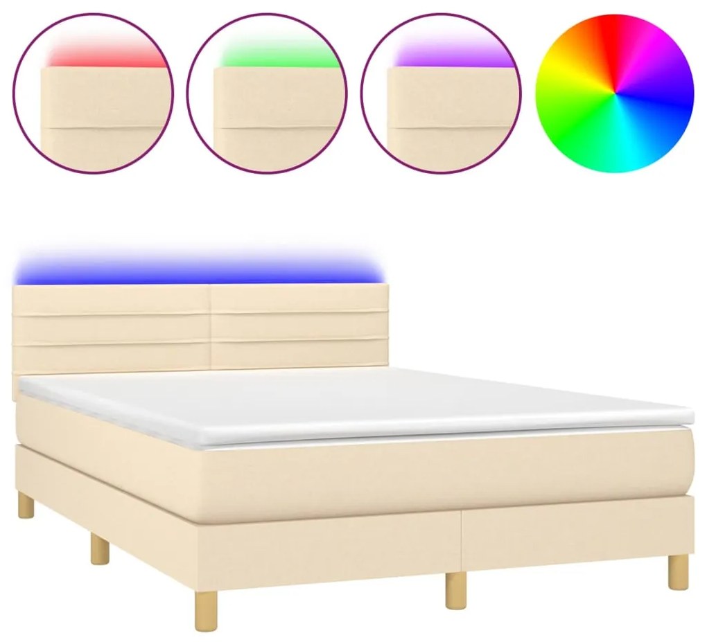 vidaXL Κρεβάτι Boxspring με Στρώμα & LED Κρεμ 140x200 εκ. Υφασμάτινο