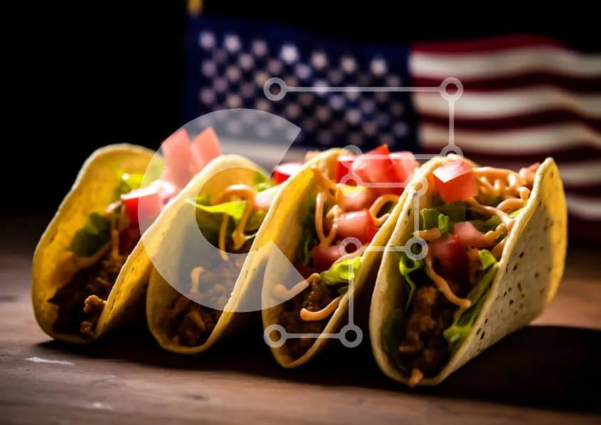 Intra Συλλεκτικό Ξύλινο Παζλ Plywood  4mm - Tacos σε ξύλινο τραπέζι μπροστά από την αμερικανική σημαία Σε Ξύλινο Κουτί - Διαστάσεις: 10x10 cm – 25 κομμάτια