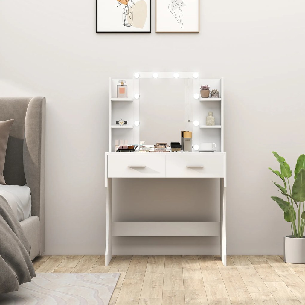 Σπιράλ τραπέζι μακιγιάζ HOMCOM με καθρέφτη και ρυθμιζόμενα φώτα LED, συρτάρια, ράφια, Λευκό
