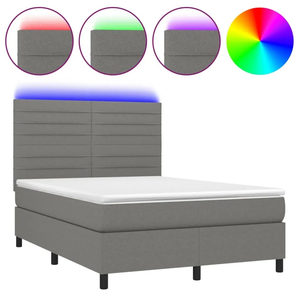 vidaXL Κρεβάτι Boxspring με Στρώμα & LED Σκ.Γκρι 140x190εκ. Υφασμάτινο