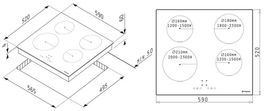 Εστία επαγωγική Pyramis Αφής χωρίς Πλαίσιο PHI62430FMB 59x52x6 εκ.