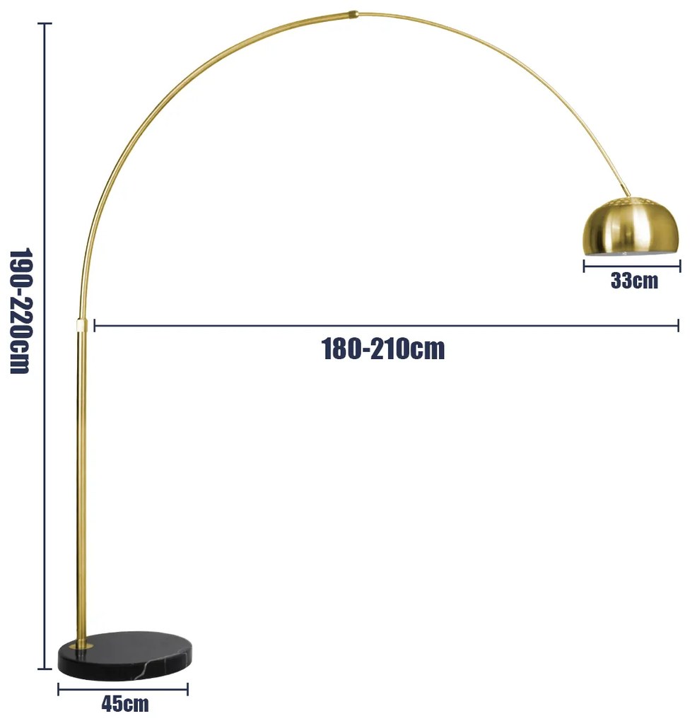 GloboStar® PRAGUE 00992 Μοντέρνο Φωτιστικό Δαπέδου Μονόφωτο 1 x E27 Χρυσό Μεταλλικό Καμπάνα &amp; Μαύρη Μαρμάρινη Βάση L210 x W45 x H220cm