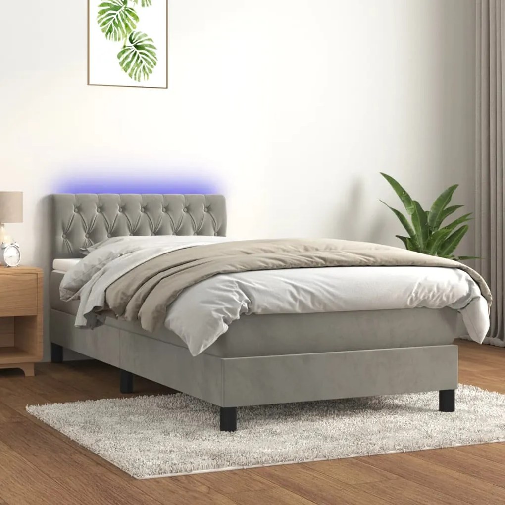 Κρεβάτι Boxspring με Στρώμα &amp; LED Αν.Γκρι 100x200 εκ. Βελούδινο - Γκρι