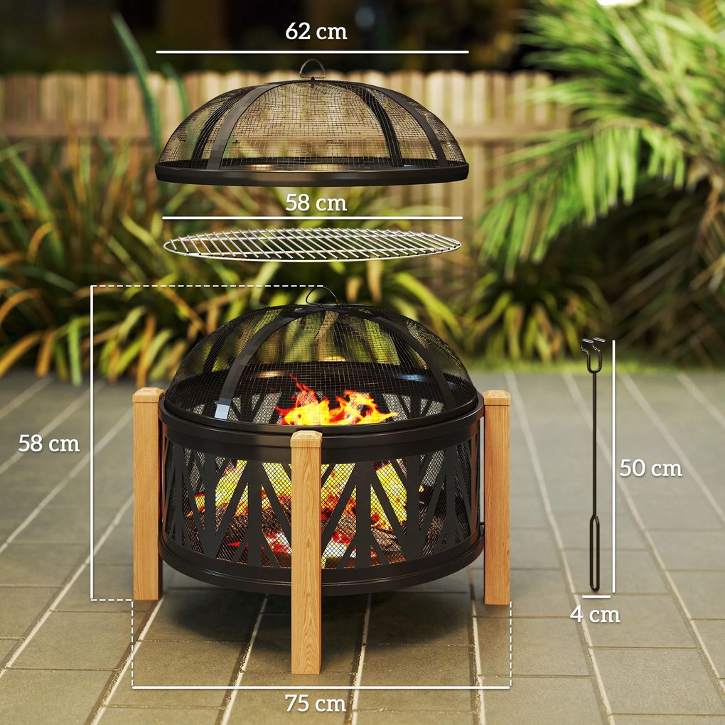 Outsunny 2-σε-1 Εστία Τζακιού Ø75 x 58 εκ. με κάλυμμα προστασίας από σπινθήρες και εργαλείο, Μαύρο