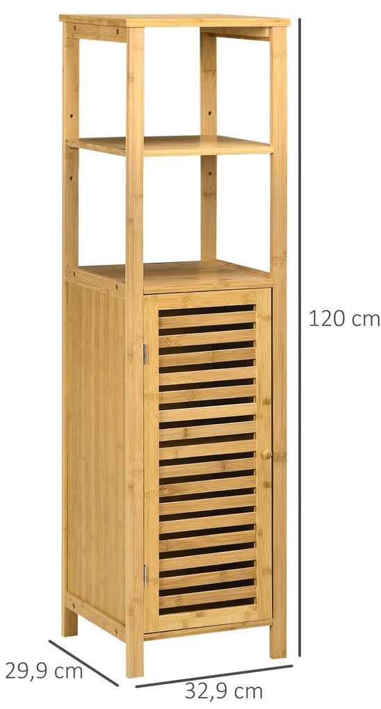 Ράφι μπάνιου kleankin, ντουλάπι με πόρτα με περσίδες, ρυθμιζόμενα ράφια, μπαμπού, περίπου 33 x 30 x 120 cm