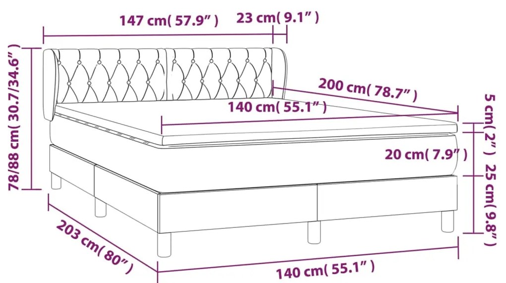 Κρεβάτι Boxspring με Στρώμα Σκούρο Γκρι 140x200 εκ. Βελούδινο - Γκρι