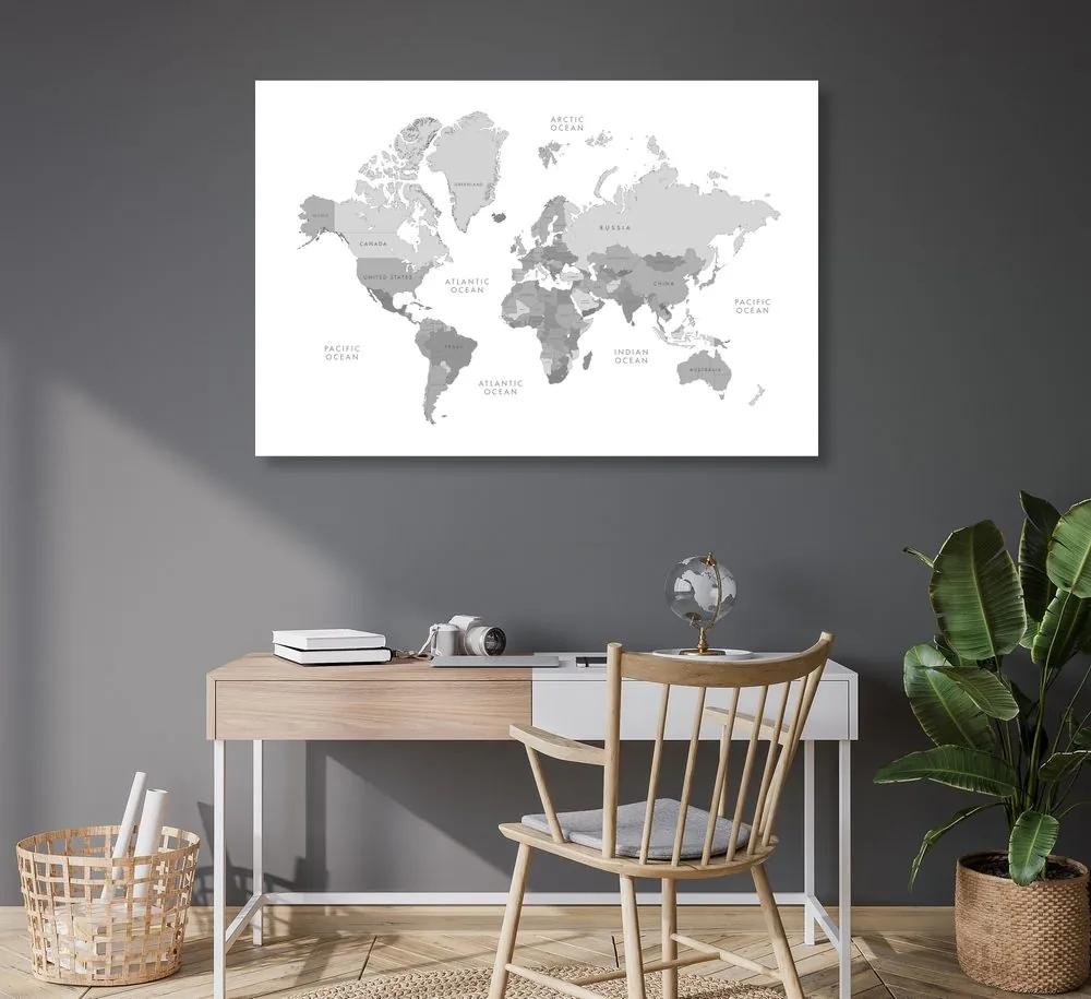 Εικόνα ενός ασπρόμαυρου παγκόσμιου χάρτη από φελλό σε μια vintage εμφάνιση - 120x80  arrow