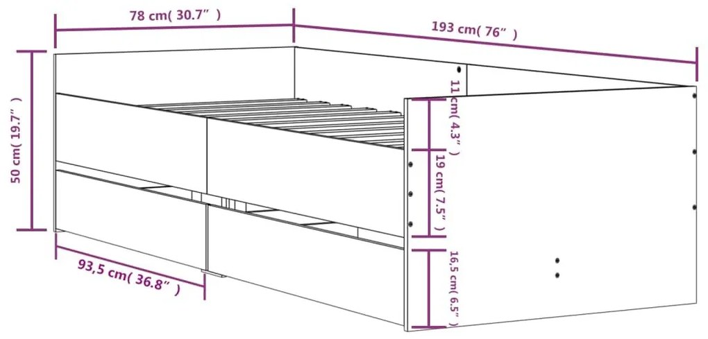 Πλαίσιο Κρεβατιού Με Συρτάρια Καφέ Δρυς 75x190 εκ Small Single - Καφέ