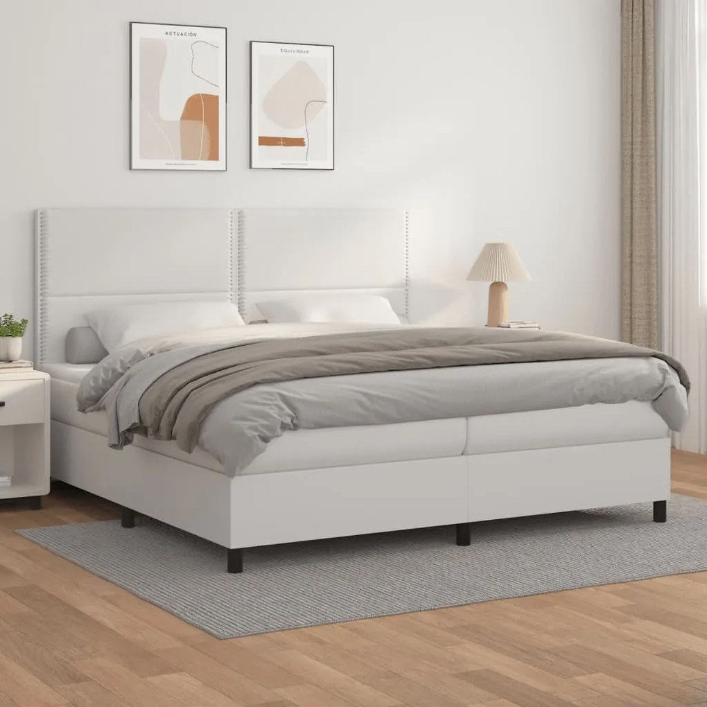 Κρεβάτι Boxspring με Στρώμα Λευκό 200x200 εκ. Συνθετικό Δέρμα - Λευκό