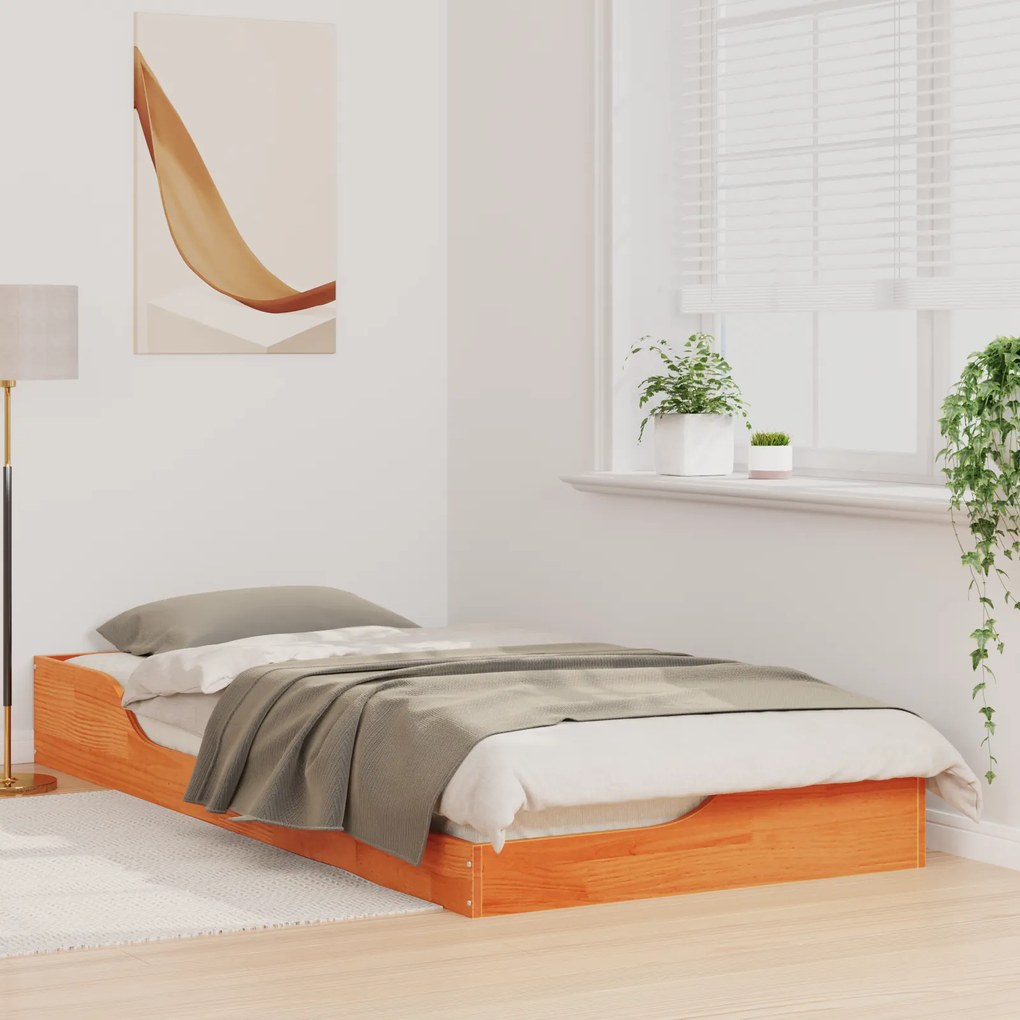 vidaXL Κρεβάτι δαπέδου Καφέ κεριού 100 x 200 cm Συμπαγές ξύλο πεύκου