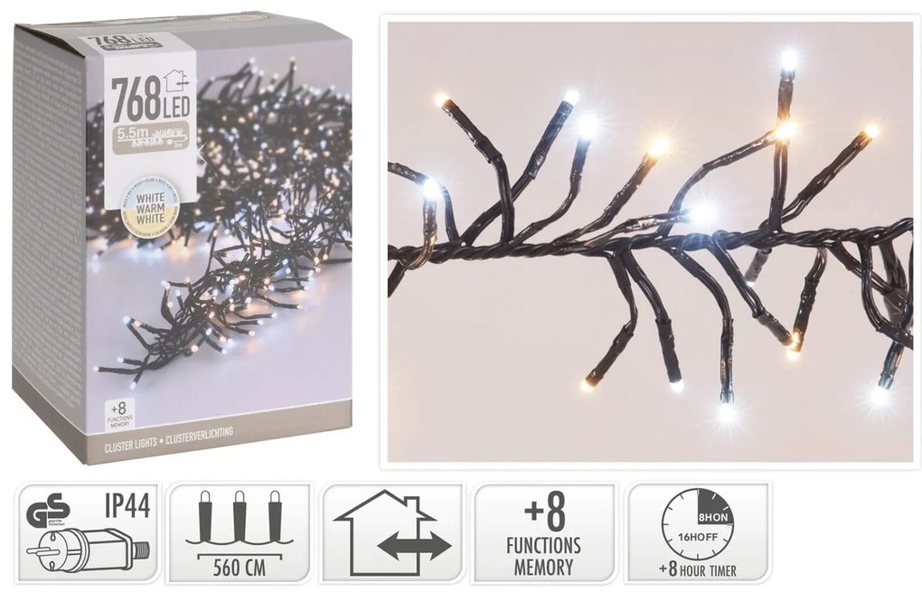 768 Φωτάκια LED - 5.6 Μέτρα + 3 Μέτρα σύνδεσης, Κανονική Διάταξη, με χειριστήριο, 8 προγράμματα, Μαύρο καλώδιο PVC - Λευκό, Θερμό Λευκό