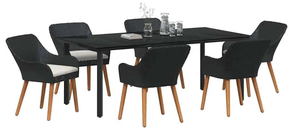 vidaXL Σέτ φαγητού για κήπο με μαξιλάρι 7 pcs Μαύρο συνθετικό ρατάν
